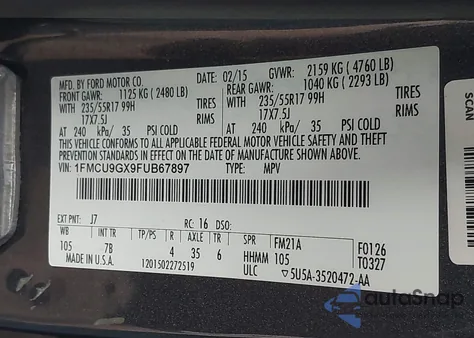 2015 Ford Escape Se из США, поврежденный, VIN 1FMCU9GX9FUB67897